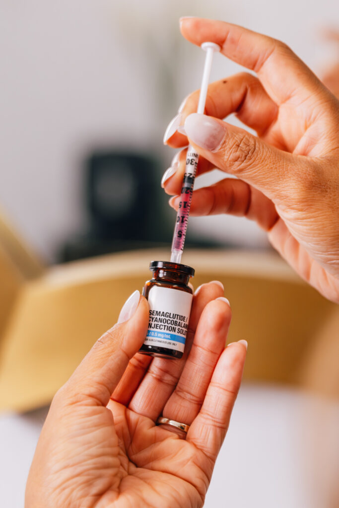 A patient prepares their tailored dose of their weight loss injections in Overland Park. A provider at The Pip Rx will help each patient determine this injection schedule and dosage amount.